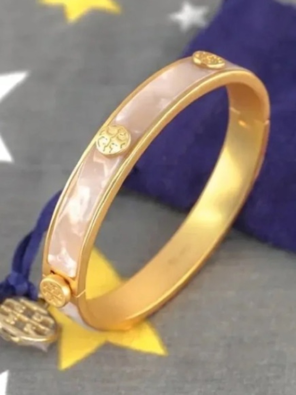 Tory Burch Miller Semiprecious Miller Hinge Bangle Bracelet in Mother of Pearl